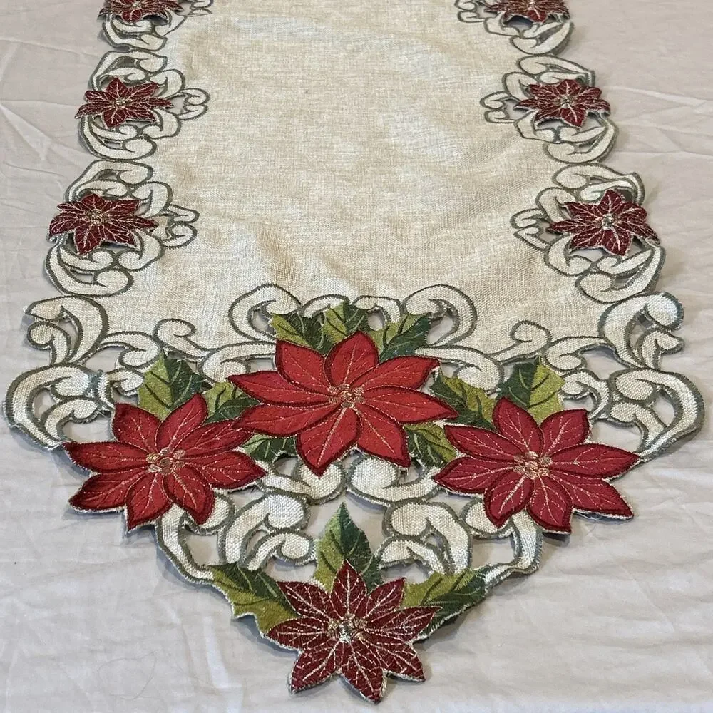 Christmas Table Runner 69 x 15 Inch Embroidered Poinsettia Cutwork Holiday Linen